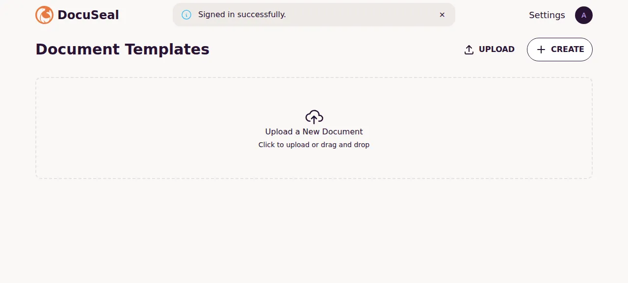 The DocuSeal Document Templates page after signing in