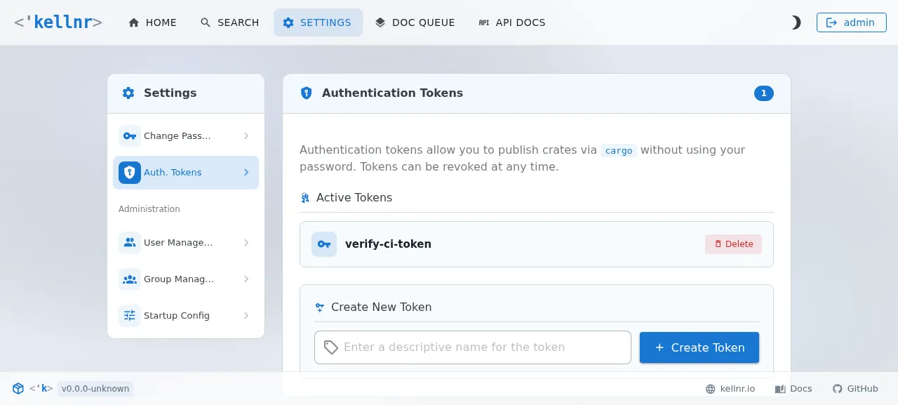 The Kellnr Authentication Tokens settings with the token verify-ci-token, its value not shown