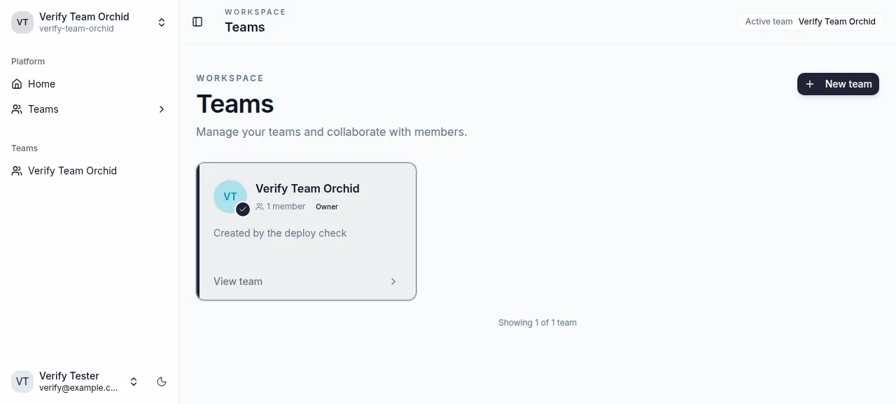 The Litestar Fullstack Teams page with the new team Verify Team Orchid