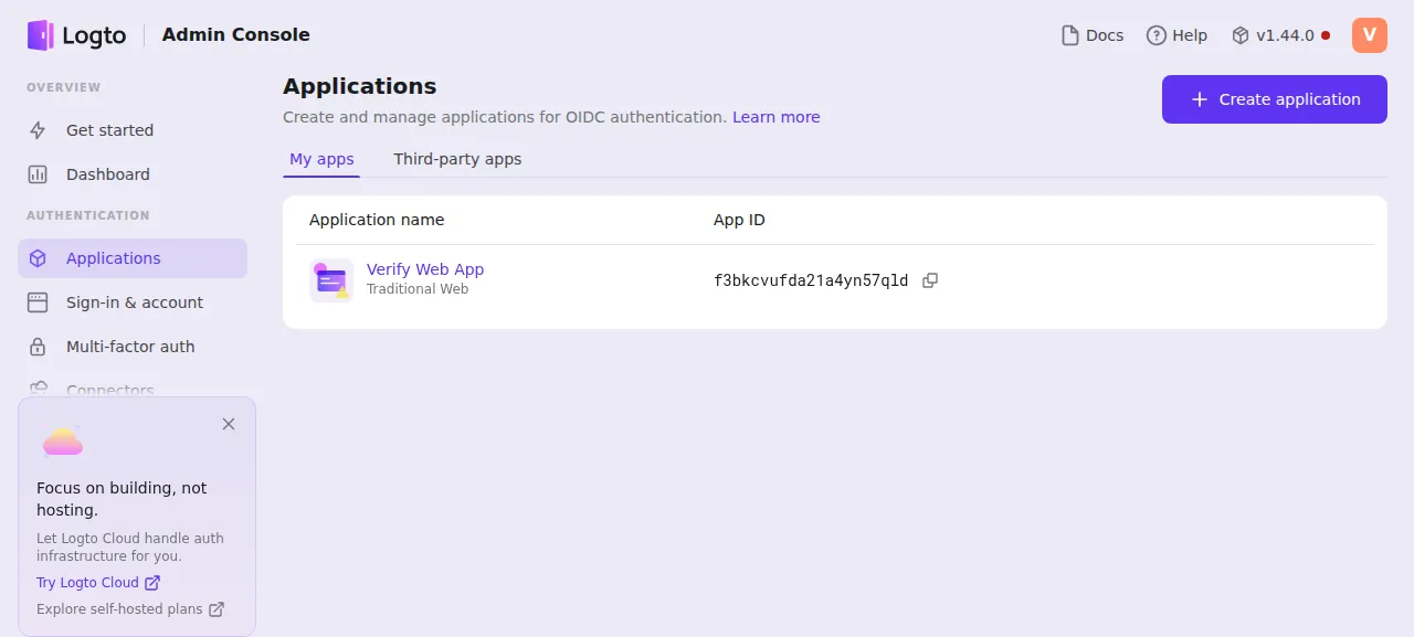 The Logto Applications list with the new application Verify Web App