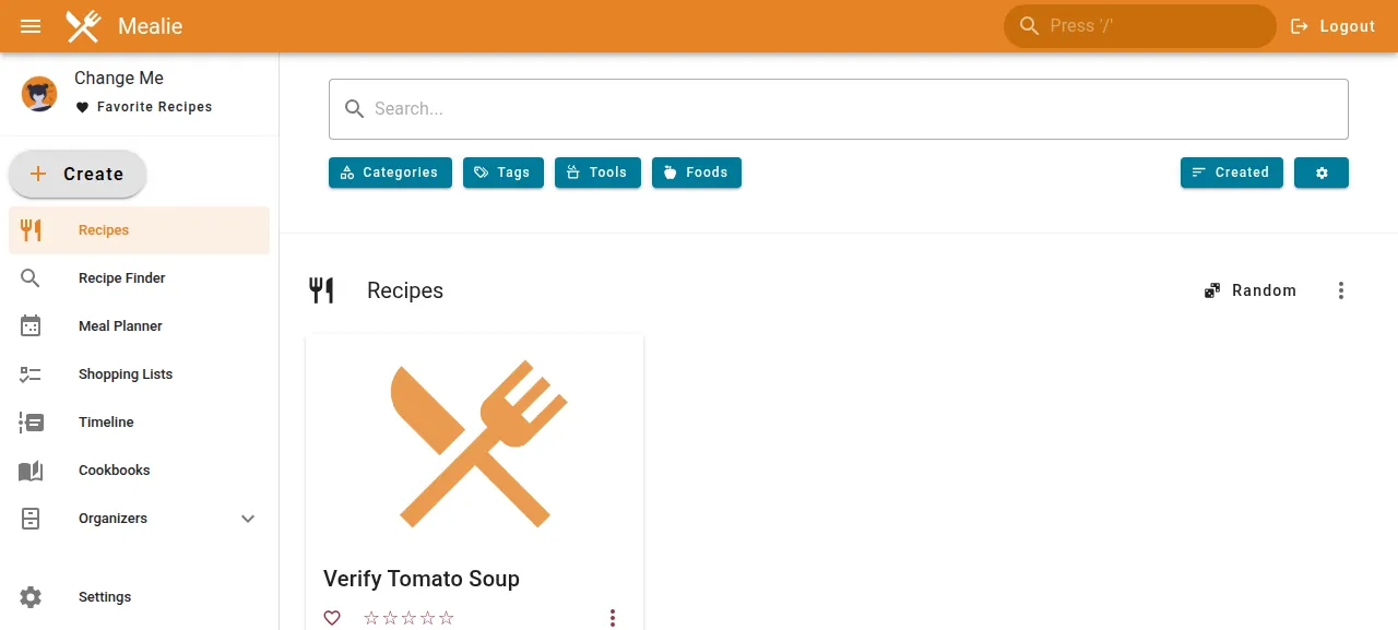 The Mealie recipes page with the new recipe Verify Tomato Soup