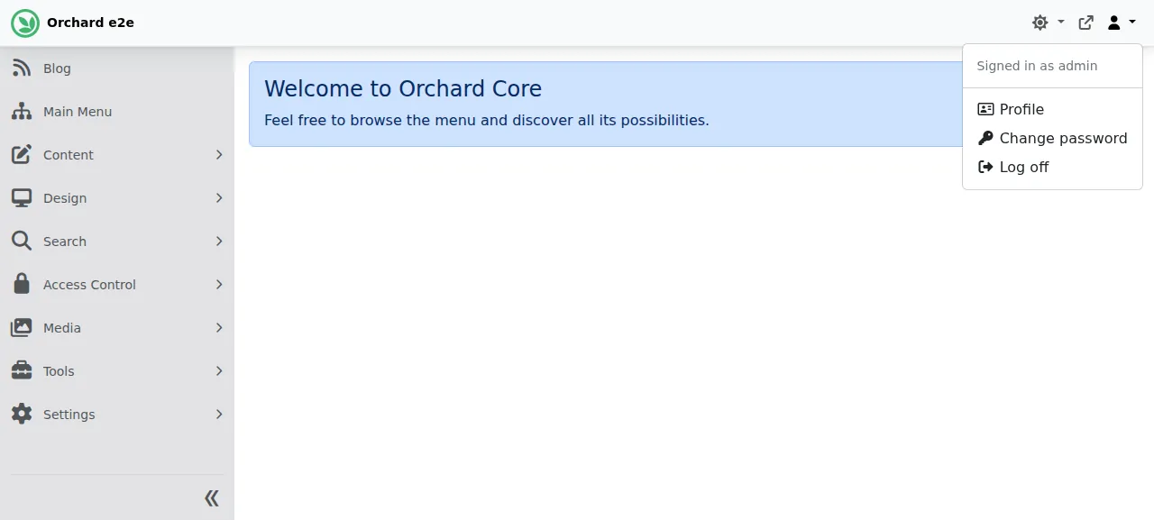 The Orchard Core admin after signing in as admin