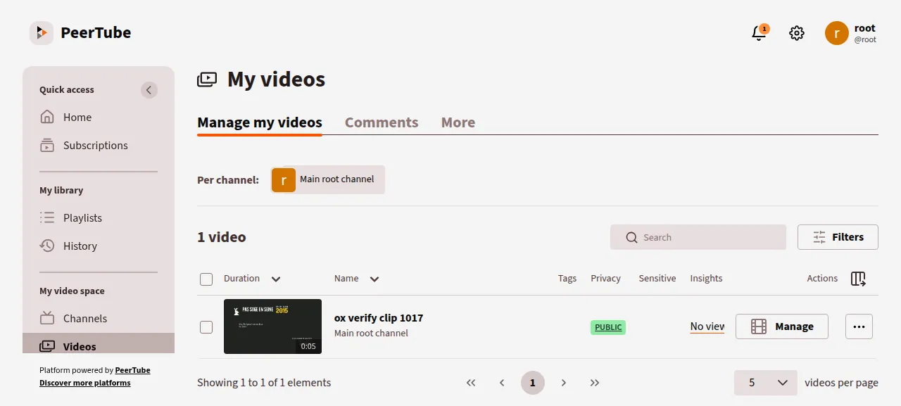 My videos listing the uploaded clip ox verify clip 1017 as public