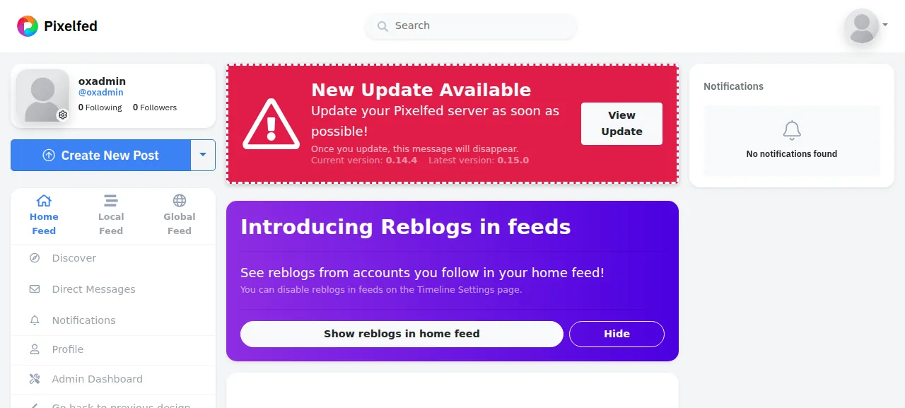 The Pixelfed home feed after signing in as oxadmin