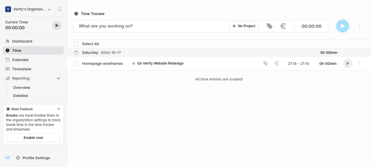 The time entry Homepage wireframes on the project Ox Verify Website Redesign