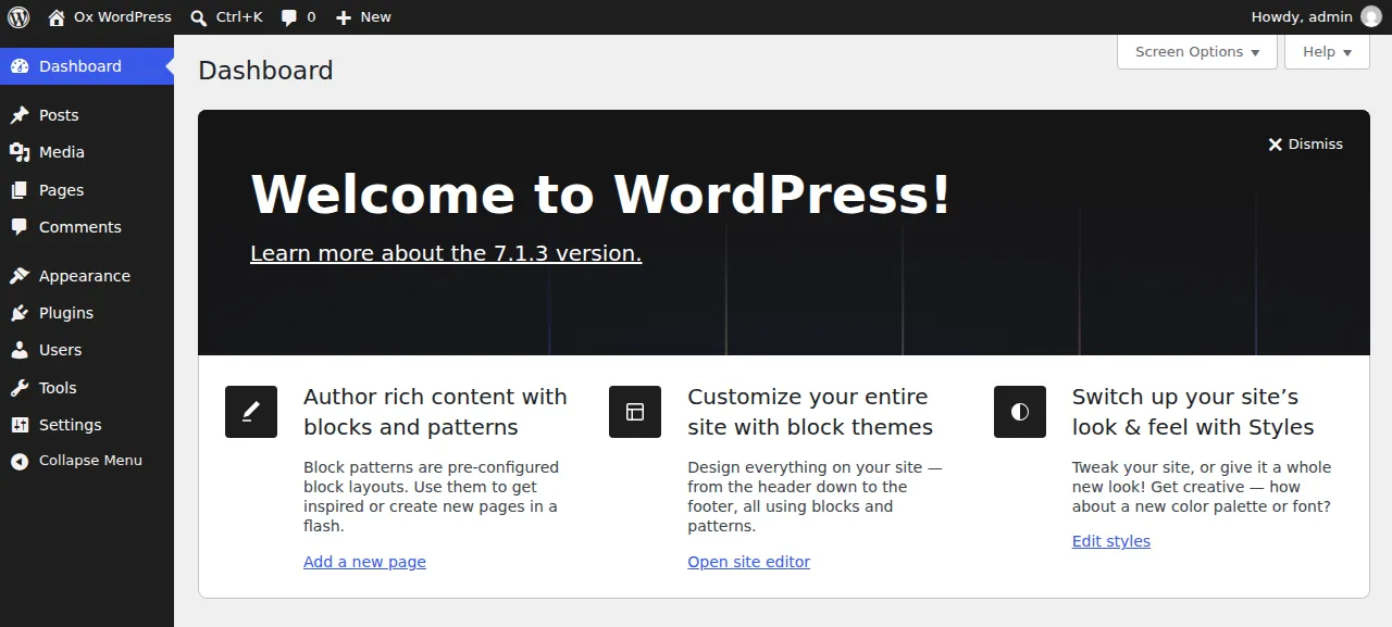 The WordPress dashboard after logging in as admin